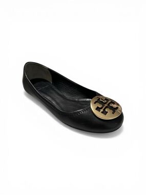 Tory Burch Black Leather Ballet Flat with Gold Logo Disc